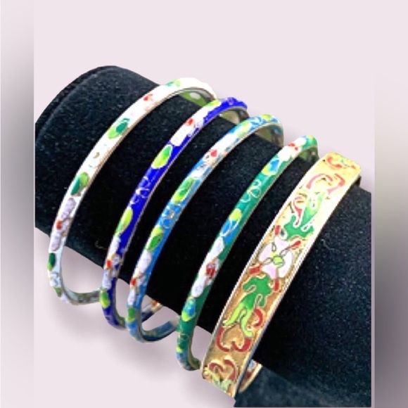 Vintage Bangle Bracelets Floral Cloisonné Jewelry Lot - Picture 3 of 12